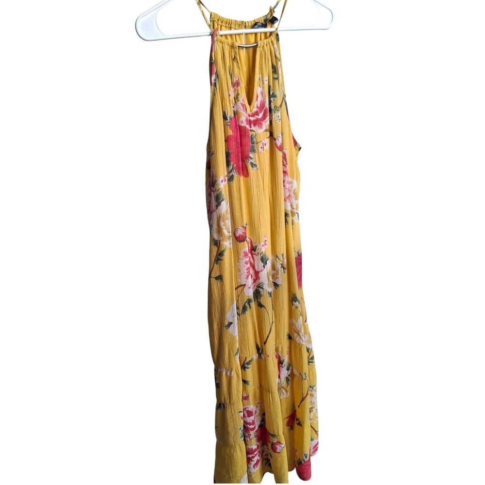 Mlle Gabrielle Yellow‎ Floral Halter Maxi Dress Tiered Crinkle Rayon Blend Large